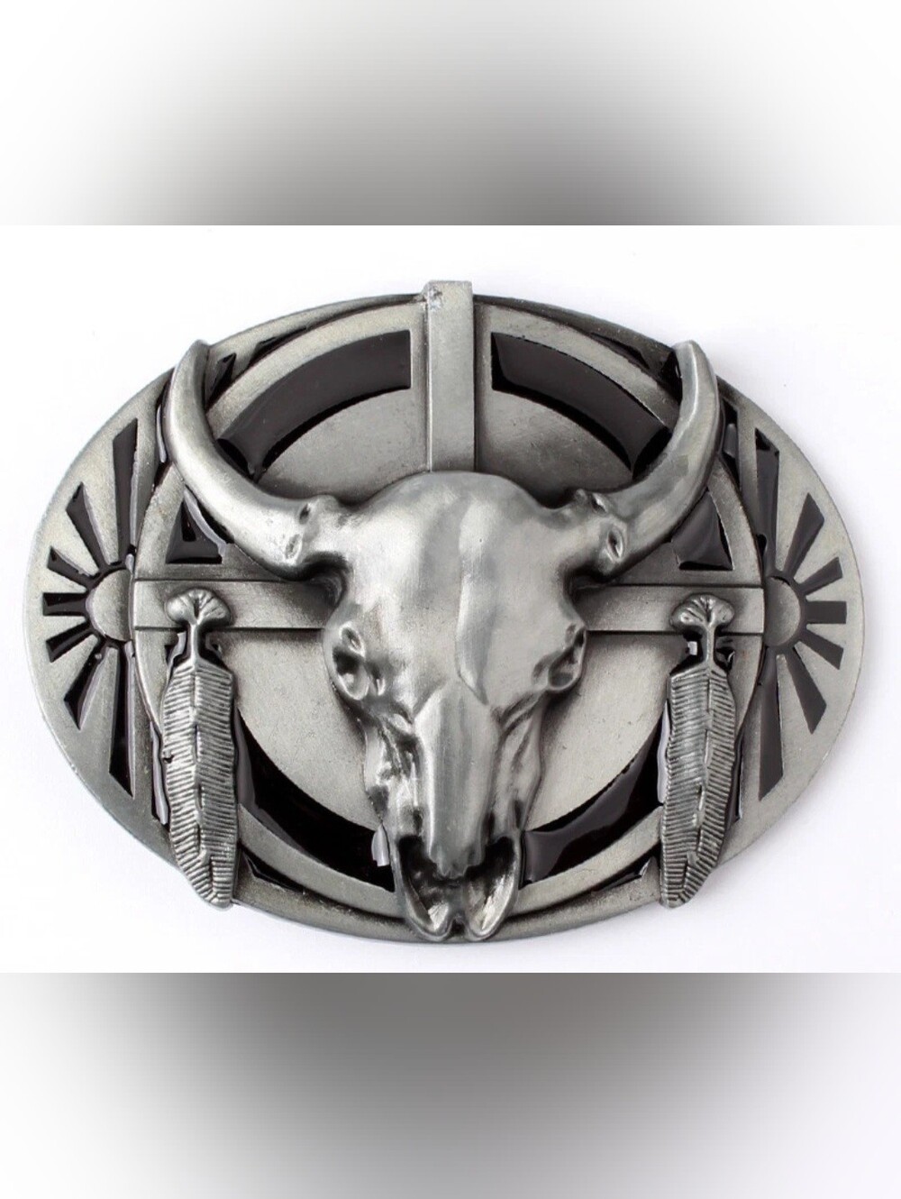 Longhorn steer feathers western belt buckle